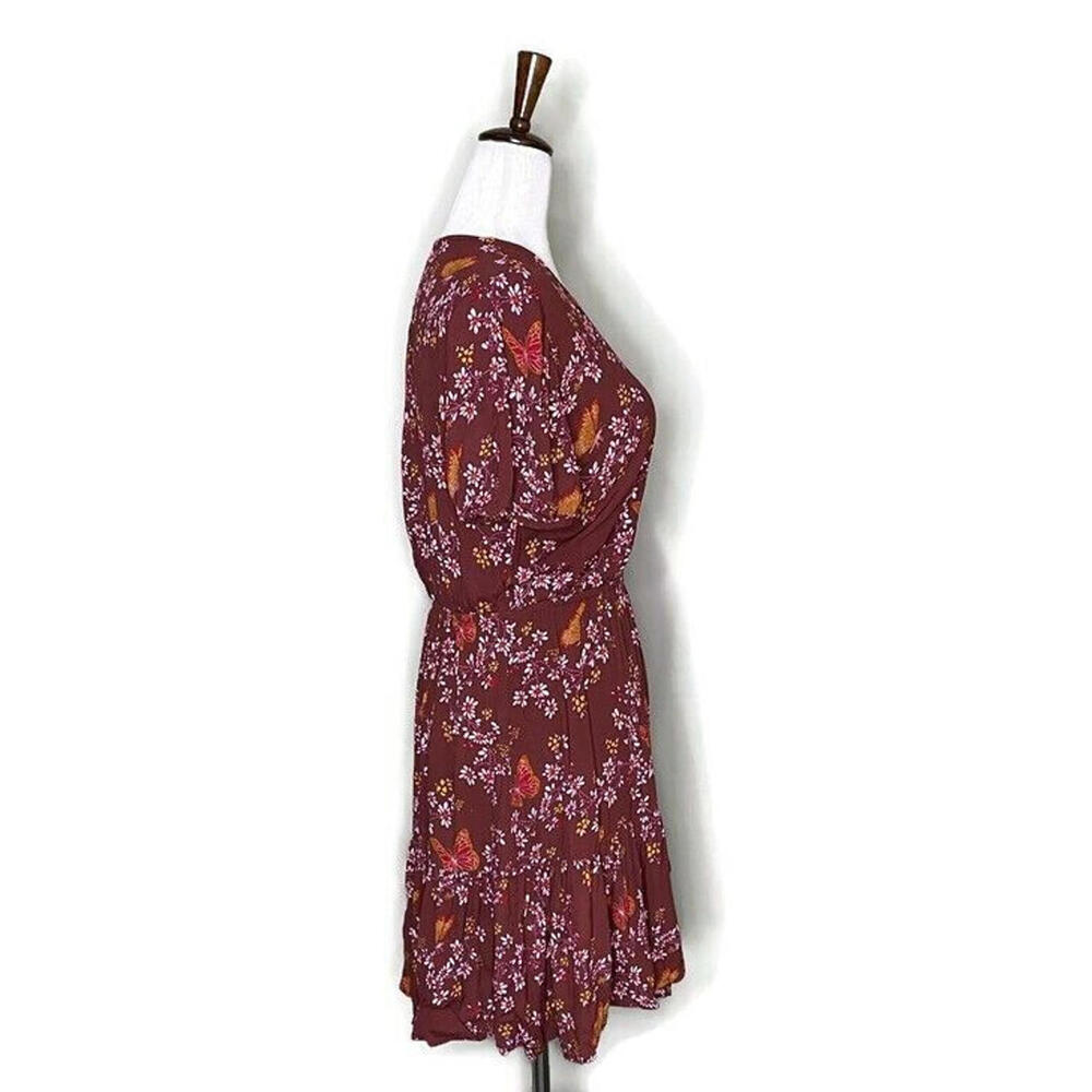 Madewell Ruffle Wrap Dress Windowbox Floral Butterfly Burgundy Short Sleeve 6 - Picture 3 of 9